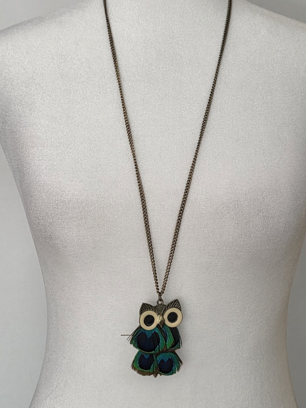 Owl Pendant Necklace with Peacock Feather Detail - Green & Blue